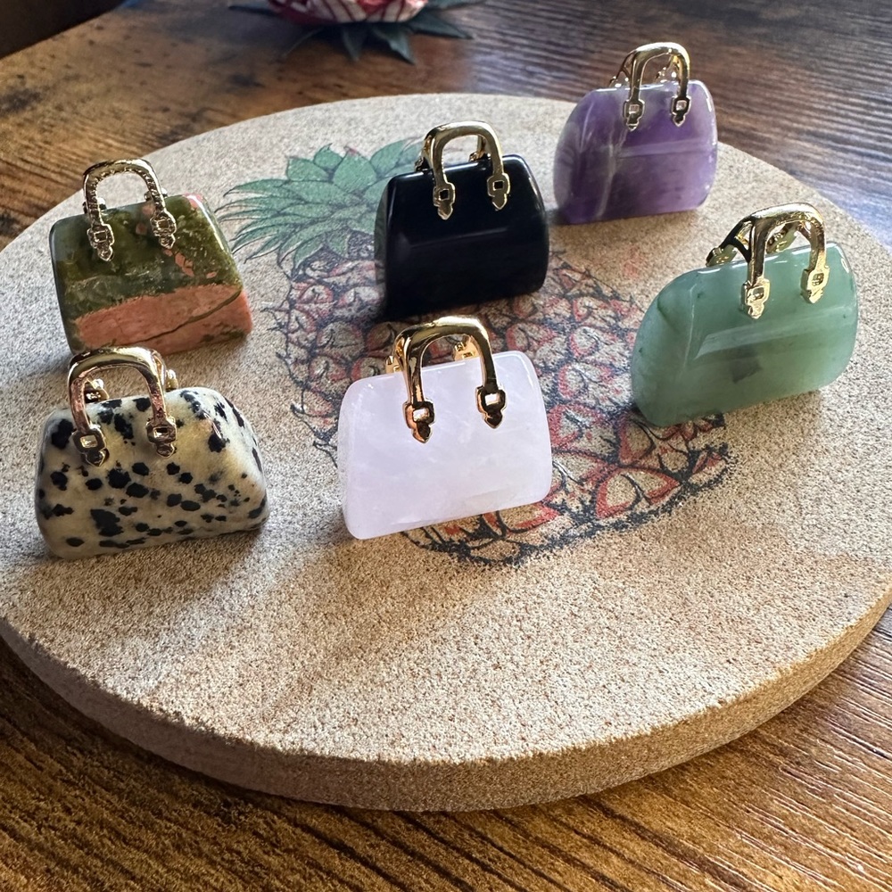 Natural Amethyst, Unakite, Aventurine, Rose Quartz, Onyx Stone Purse Gold Charm